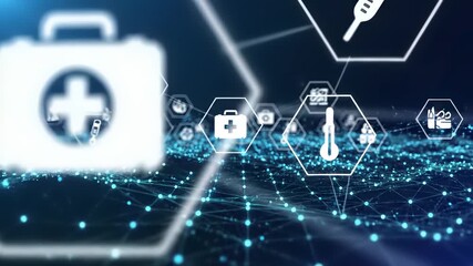 Futuristic technology background features mesmerizing hexagonal icons on sleek blue surface, capturing the concept of interconnected systems at work in cutting edge innovation environments. - Powered by Adobe