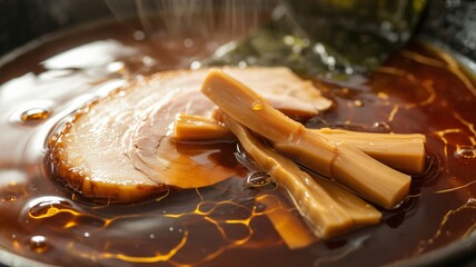 Hyper detailed macro photograph glossy chashu pork bamboo shoots ramen soup