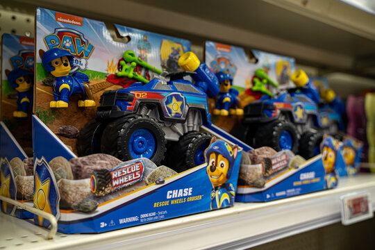 Close up of Paw Patrol Chase Rescue Wheels toy on store shelf. Brampton, Canada - November 16, 2025.