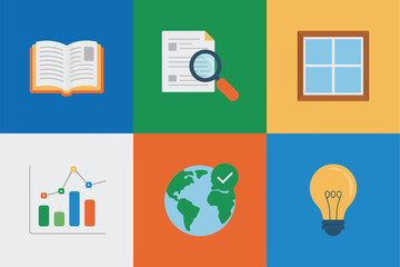 Education dashboard tiles, open book reading, certificate with magnifier, window interface, analytics chart, globe shield, bright bulb