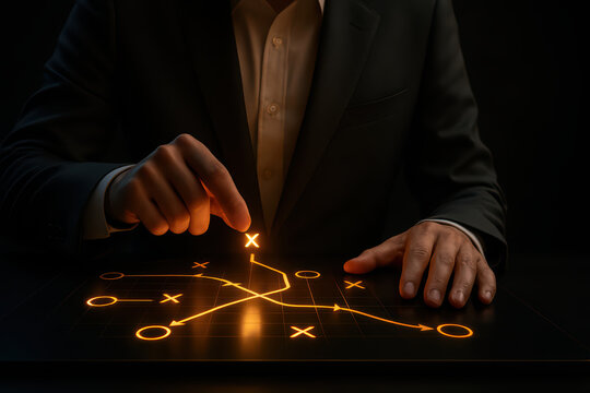 Businessman planning strategy with glowing tactical playbook, hands pointing at illuminated game plan on dark table, concept of leadership and decision making