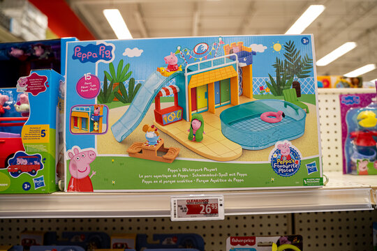 Close up of Peppa Pig waterpark playset box on store shelf. Brampton, Canada - November 16, 2025.