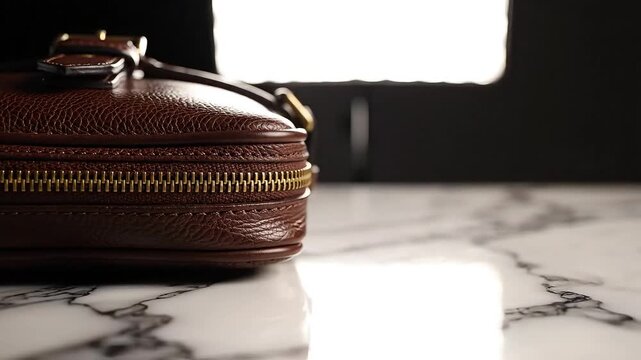 A close up shot of a brown leather bag with a gold zipper on a marble surface table top