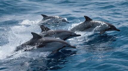 Fototapeta premium Dolphins playfully swimming through crystal clear ocean waters on a sunny day
