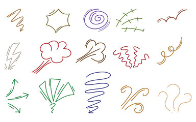 Various hand drawn weather effects and motion lines in different colors on white 