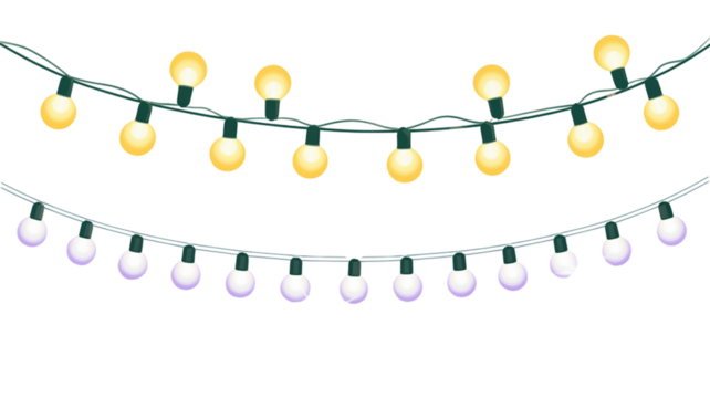 Festive string lights glowing in warm yellow and cool white create a joyful party atmosphere for holiday celebrations and winter events with charming illumination