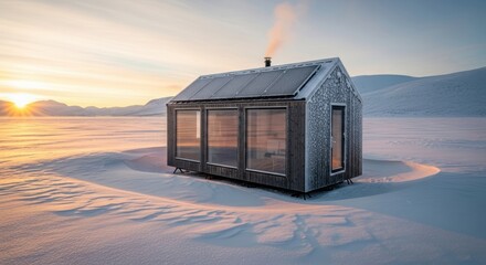 Remote wooden cabin in snowy mountain landscape at sunset featuring solar panels and smoke from chimney. Sustainable energy and off-grid living concept.