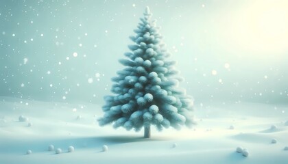 A snowy christmas tree stands alone in a winter wonderland scene