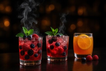 hree vibrant cocktails on a reflective bar counter in a dimly lit, elegant lounge. The image highlights vivid colors, smoky vapor, and luxurious ambiance, capturing the artistry and sophistication of 