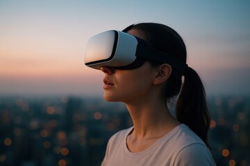 A young woman wearing a sleek white virtual reality headset gazes upward at sunset, standing against a blurred cityscape. The image symbolizes the connection between human curiosity and futuristic tec