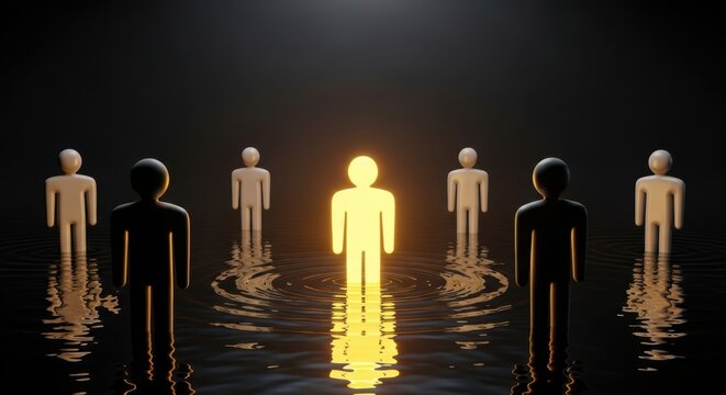 Golden figure radiating light symbolizes leadership among neutral figures standing in water representing ripple effect