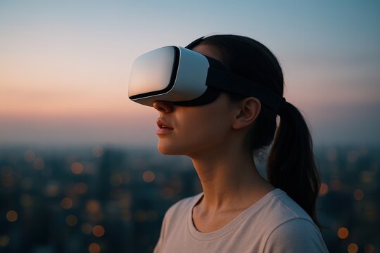 A young woman wearing a sleek white virtual reality headset gazes upward at sunset, standing against a blurred cityscape. The image symbolizes the connection between human curiosity and futuristic tec