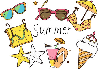 Summer Holiday Symbols: Sunglasses, Ice Cream, and Mountain Camp