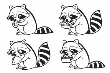 Minimalist cartoon raccoon eating icon set