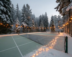 Snow-covered outdoor court illuminated by festive string lights in a winter forest.