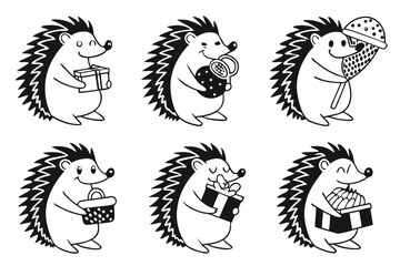 Naklejka premium Cute cartoon hedgehog hugging icon set
