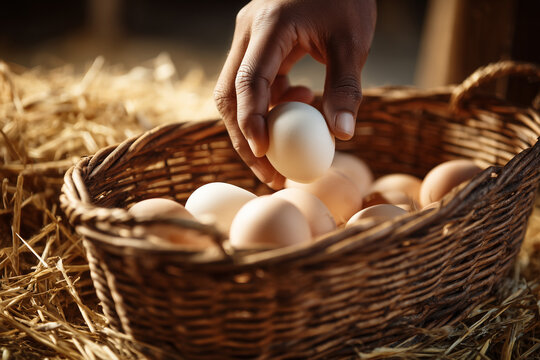 Collecting Fresh Eggs from Free-Range Chickens on a Rural Farmyard