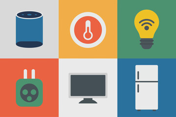 Smart home devices grid, voice speaker, thermostat control, energy bulb, power plug, desktop monitor, kitchen refrigerator
