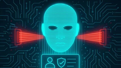 Futuristic digital identity verification concept featuring a glowing, abstract face and security elements, symbolizing advanced tech.