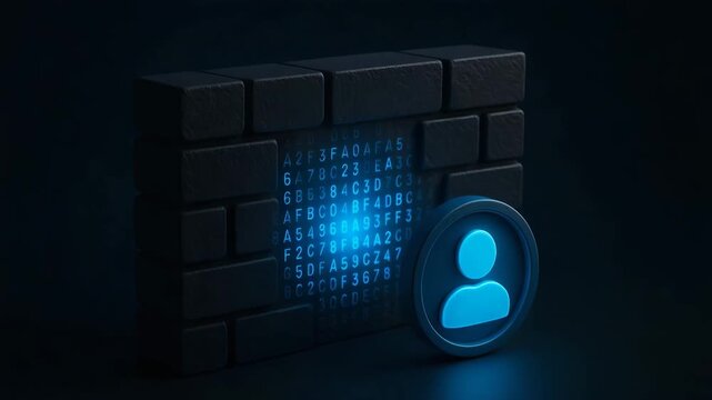 A digital representation of cybersecurity concepts, featuring a glowing figure behind a matrix-like wall of data.
