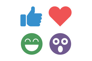 Like and love icons, thumbs up, red heart, happy face, surprised bubble, clean emoji set, social vector