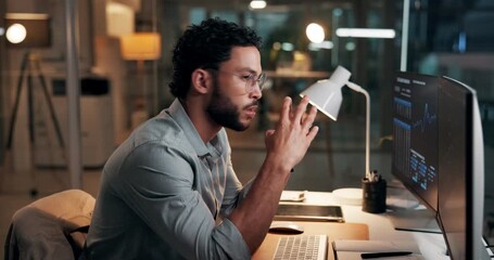 Man, computer screen and stress with trading, graphs and stock market stats with investing at startup. Person, trader and pc monitor with charts, fintech or frustrated with results at finance company - Powered by Adobe