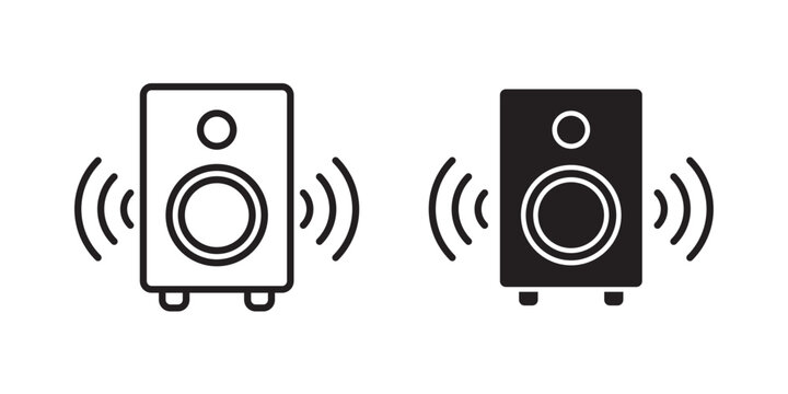 Speaker Box Icon. Silhouette of speaker box symbol, sound box, music instrument design for app, logo, web. Vector illustration with stroke and fill on a white&nbsp;background.