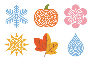 Seasonal puzzle icon set, frosty snowflakes, pumpkin maze pattern, tangled brain spiral, sunny symbol, maple leaf, raindrop vector