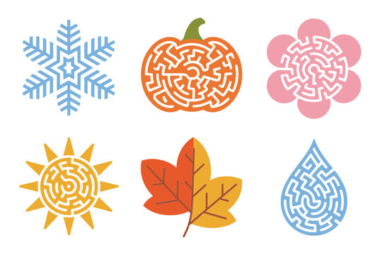 Seasonal puzzle icon set, frosty snowflakes, pumpkin maze pattern, tangled brain spiral, sunny symbol, maple leaf, raindrop vector