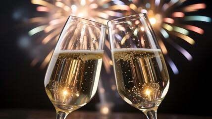 Golden champagne glasses with sparkling fireworks on black festive background