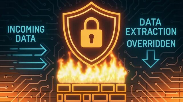 Visual representation of data security, with a digital shield protecting against unauthorized data extraction and incoming threats.