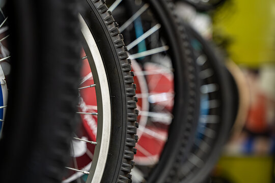 Close up of bicycle tire and spokes.