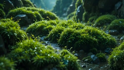 Lush Green Moss in Moist Rocky Forest Landscape