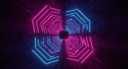 Symmetrical glowing neon hexagonal tunnel extends into the dark void with contrasting colors