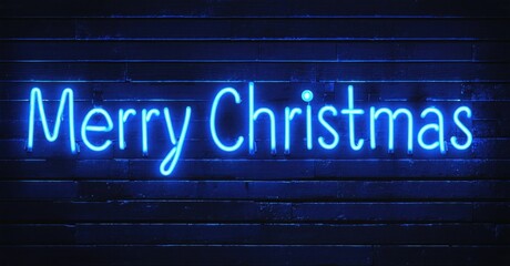 Obraz premium Bright blue neon sign displays Merry Christmas against dark brick wall. Festive holiday greeting, simple design.