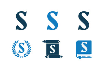 Letter s monogram logos, serif marks, badge variations, laurel wreath, square emblem, versatile branding icons, vector design