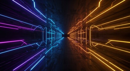 Illuminated tunnel structure stretches into the darkness with vibrant neon light streams on both sides