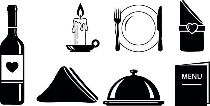 Restaurant dinner set with wine candle plate cutlery napkin menu vector icons design - Powered by Adobe