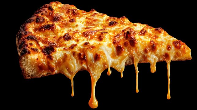 close-up of delicious jucy four cheese pizza, epicly melting against black background