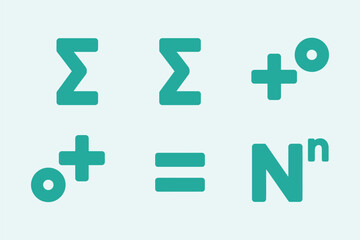 Math formula symbols set, sigma signs collection, degree mark, plus equals, power notation with N, education vector