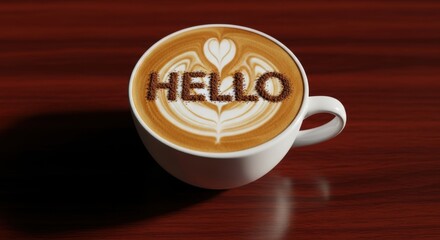 Latte art spells hello with cocoa powder in creamy cappuccino featuring heart design on wood surface for creative caffeine indulgence
