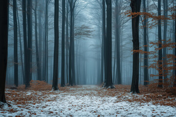 moody path through a foggy winter forest with snow and fallen leaves