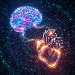 Glowing Neural Brain Connected to Luminous Heart with Energy Wires in Futuristic Sci Fi Emotional Intelligence Concept
