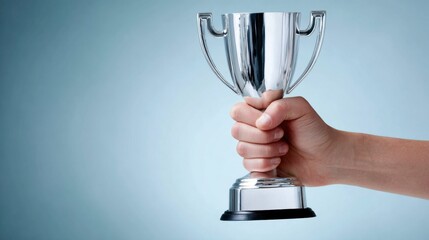 Silver trophy held confidently by hand over clean blue background. Minimalist composition reflecting accomplishment, championship victory and professional recognition