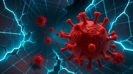 An artistic representation of virus cells connected by digital networks, symbolizing the fusion of biology and technology. - Powered by Adobe