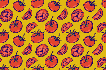 Seamless pattern with red tomato. Fresh farm vegetables. Ingredients for cooking, whole, chopped vegetables, hand drawn doodle sketch for Mediterranean diet wallpaper, wrapping paper. Repeated print