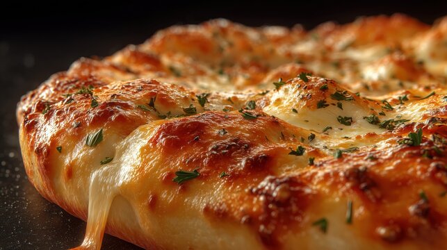 close-up of delicious jucy four cheese pizza, epicly melting against black background - Powered by Adobe