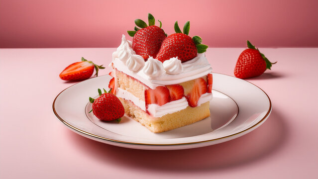 A captivating studio shot of a square-cut piece of decadent strawberry shortcake, featuring two layers of light, golden sponge cake separated by a thick filling of fresh whipped cream and vibrant stra