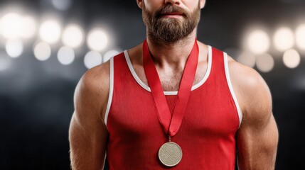 Close-up of athlete in red jersey wearing gold medal under bright stadium lights. Strong posture highlighting victory, recognition and competitive achievement