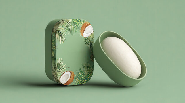 Natural coconut bar soap packaging design concept featuring tropical palm leaves and fresh halved coconuts, emphasizing organic skincare and eco friendly beauty products